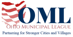 Logo of the Ohio Municipal League with a red, white, and blue graphic of the United States and text stating, 