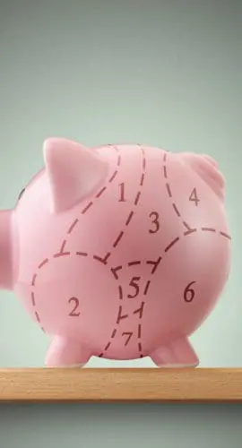 Piggy bank divided into seven parts with a dashed line.