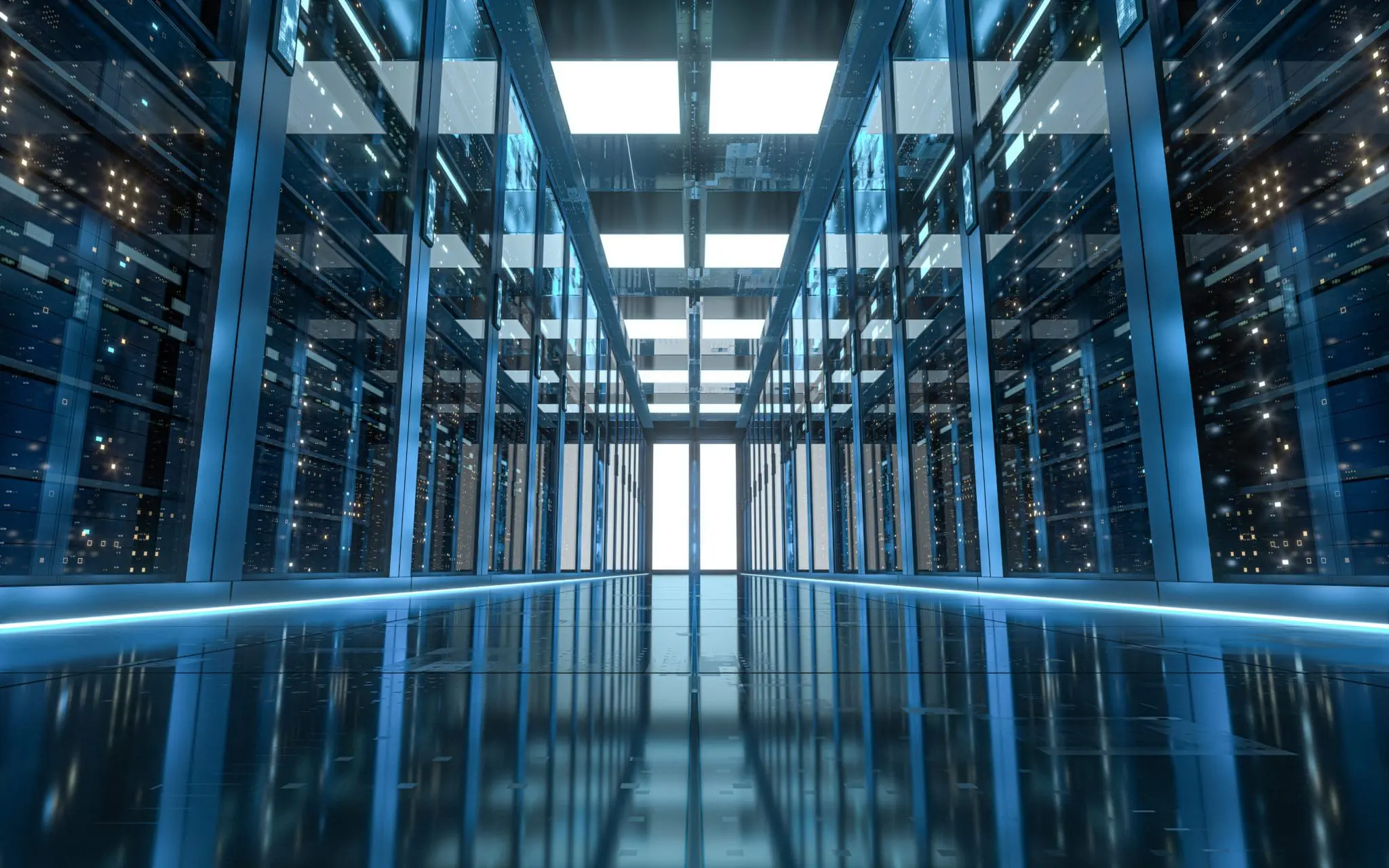 Server racks in computer network security server room data center, 3d rendering. Computer digital drawing.