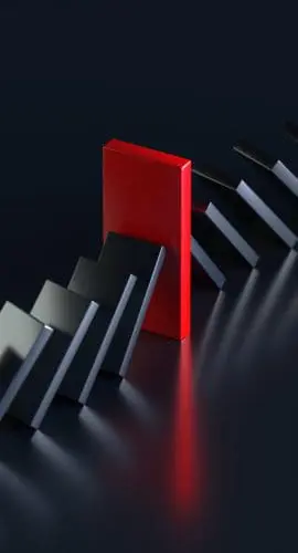 Row of Falling Domino Stones Stopped by Red Domino Stone Over Black Background, Risk Management, Intervene or Prevention Concept, 3d Rendering