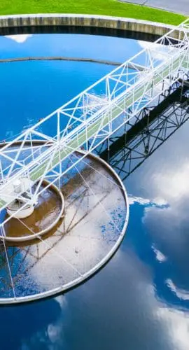 Sewage treatment plant from above. Grey water recycling. Waste management theme. Ecology and environment in European Union.