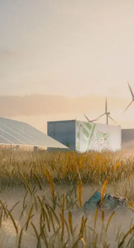 Concept of renewable energy solution in beautiful morning light. Installation of solar power plant, container battery energy storage systems, wind turbine farm and city in background. 3d rendering.