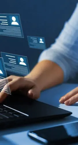 Human resource manager checks the CV online to choose the perfect employee for his business.Online and modern technologies for simplifying the human resources system. HR(human resources) technology