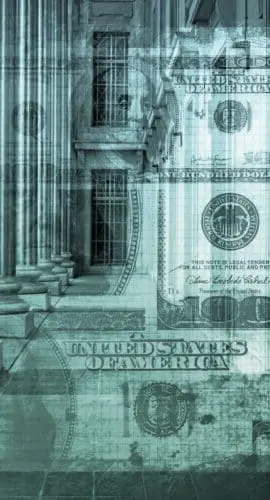Abstract US currency and building columns