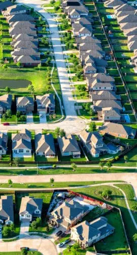 Aerial view of a large suburban housing subdivision located just south of Houston Texas shot from an altitude of about 800 feet during a helicopter photo flight.