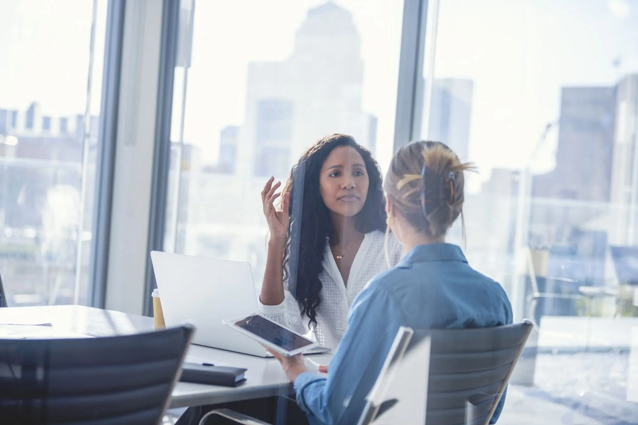 Business colleagues having a conversation. They are both young business people casually dressed in a modern office. Could be an interview or consultant working with a client. One woman looks upset, she could be getting fired. One person has her back to us. Mixed ethnic group. One is African American and the other is Caucasian