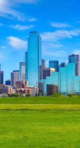 A city skyline featuring modern skyscrapers and a distinctive observation tower is set against a bright blue sky with a foreground of grassy parkland.