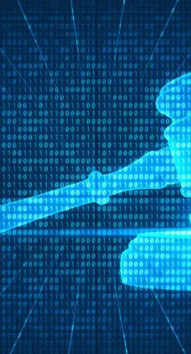 Abstract digital composite of gavel and binary codes.