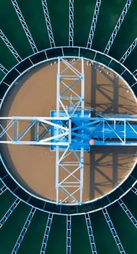 Aerial Top View of Drinking water treatment plant. Microbiology of drinking water production and distribution, water treatment plant. Microbiology of drinking water production. Morning scene,