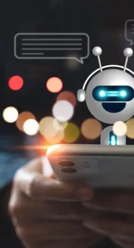 Digital chatbot, A.I., robot application, conversation assistant, AI Artificial Intelligence concept. Woman using mobile smart phone chatting with digital chatbot customer service