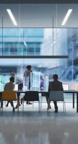 Group of people working in a modern board room with augmented reality interface, all objects in the scene are 3D