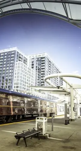 Old railcar (Pacific railways 1950) at the new Denver Union rail station.