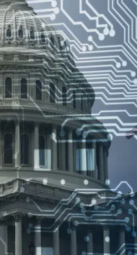 Photo of the United States Capitol with overlayed computer circuitry.  The Intersection of freedom and artificial intelligence