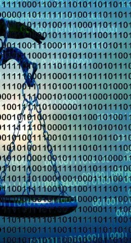 Law digital technology concept. Artificial intelligence lawyer idea with justice scales on binary code numbers background. 3D render illustration.