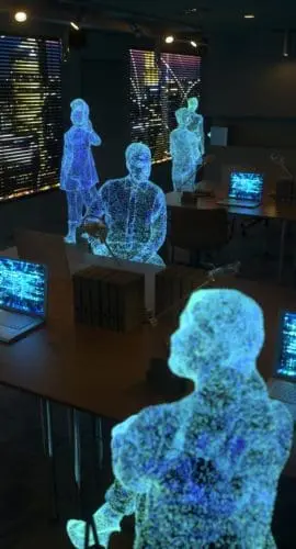 Employees working with AI tools in the workplace, metaverse artificial intelligence concept, highlighting AI compliance requirements and AI employment law risks