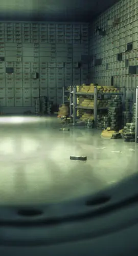 Bank vaulted door with safety deposit boxes.