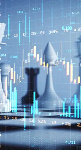 A blend of chess pieces and financial charts, showcasing strategy in trading on a blue background