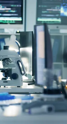 Scientific, research and medical labratory where scientists conduct experiments and do analysis. Empty lab with microscope and science equipment technology for learning and testing for biochemistry