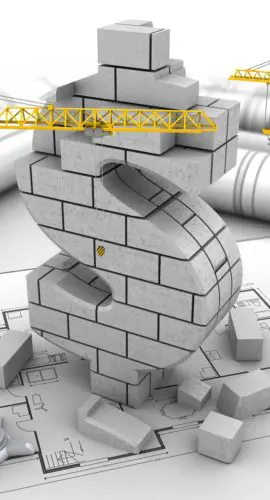 3d illustration of dollar sign over house plan background with crane