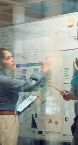 Window, teamwork and whiteboard for brainstorming in meeting, business people with tablet and digital notes with agenda storyboard. Information, people with research and calendar for project schedule