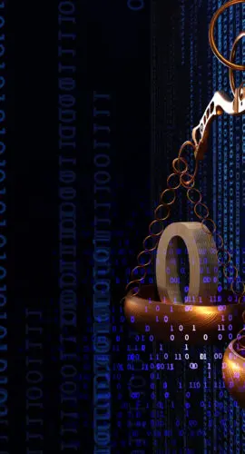 Internet cyber law concept. Background with Justice scales and binary code numbers. Digital legal services and Artificial Intelligence idea. 3D render illustration.