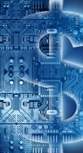 A detailed blue circuit board shaped into a glowing dollar sign, symbolizing the intersection of artificial intelligence and commerce — representing AI legal issues, agentic commerce, data privacy risks, and the evolving regulatory landscape surrounding GenAI, AI assistants, and AI-powered e-commerce.