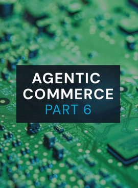 Green circuit board with microchips and processors representing AI infrastructure powering agentic commerce and autonomous AI shopping assistants