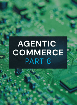 Green circuit board with microchips and processors representing AI infrastructure powering agentic commerce and autonomous AI shopping assistants