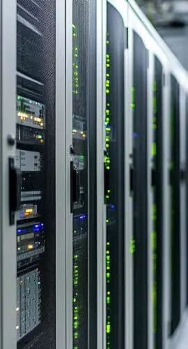 Rows of server racks with an open cabinet revealing active hardware and indicator lights inside a data center corridor, reflecting the operational scale of U.S. data center infrastructure supporting AI workloads.