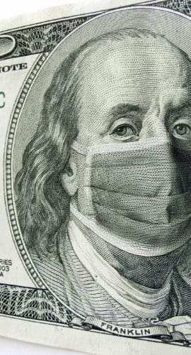 A portrait of Benjamin Franklin on a one hundred dollar bill is depicted wearing a face mask.
